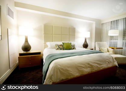 Double bed in the modern interior room