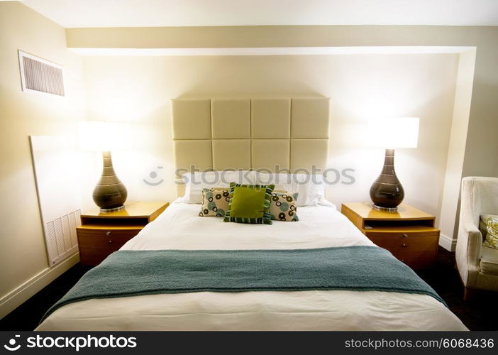 Double bed in the modern interior room