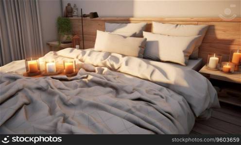 Double bed with duvet and cushions and decors.