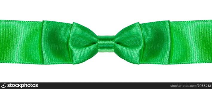 double bow knot on green satin ribbon close up isolated on white background