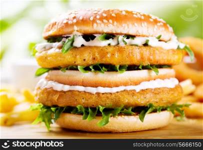 double burger with chicken on wooden table