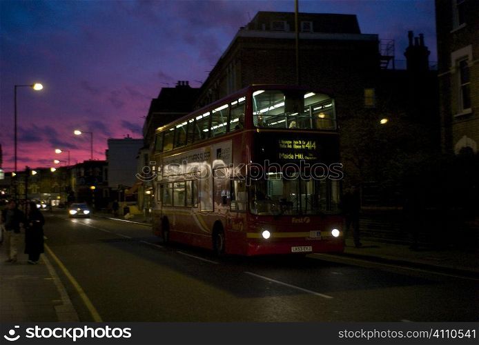 Double decker bus at night, Fulham, London