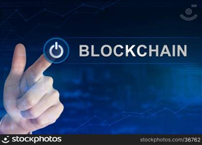 double exposure business hand clicking blockchain button with blurred background