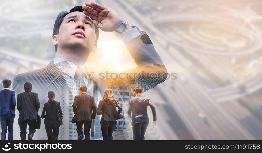 Double exposure - Business leader and team with modern buildings in city background. Concept of talented leadership and teamwork for business success.. Double exposure - Business Leader and Team.