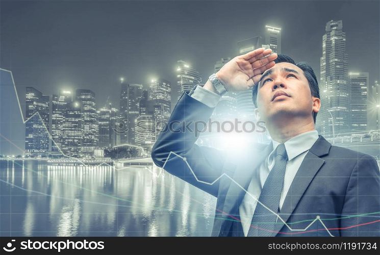 Double exposure - Business leader vision for success, looking away with modern buildings in city background. Concept of talented leadership.. Double exposure - Business Leader Vision
