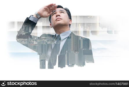 Double exposure - Business leader vision for success, looking away with modern buildings in city background. Concept of talented leadership.. Double exposure - Business Leader Vision