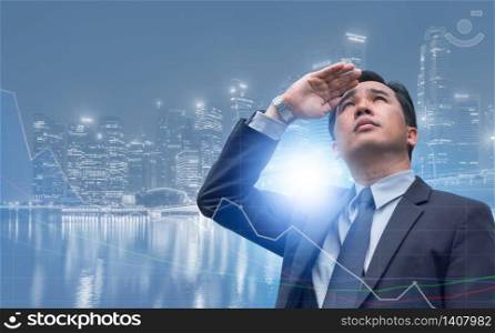 Double exposure - Business leader vision for success, looking away with modern buildings in city background. Concept of talented leadership.. Double exposure - Business Leader Vision