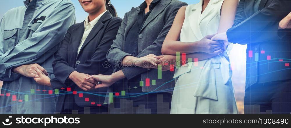 Double exposure business people holding hands together showing workers relationship, unity and teamwork. Human resources and people recruitment concept.