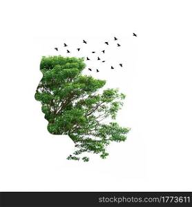 Double exposure illustration, man silhouette with tree.. Double exposure