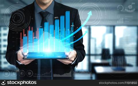 Double Exposure Image of Business and Finance - Businessman with report chart up forward to financial profit growth of stock market investment.. Double Exposure Image of Business Profit Growth