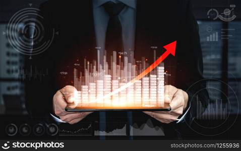 Double Exposure Image of Business and Finance - Businessman with report chart up forward to financial profit growth of stock market investment.