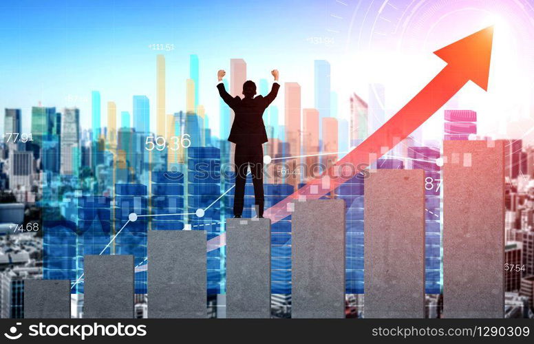 Double Exposure Image of Business and Finance - Businessman with report chart up forward to financial profit growth of stock market investment.