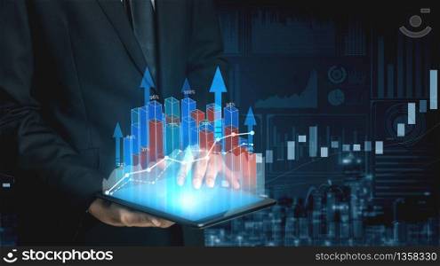 Double Exposure Image of Business and Finance - Businessman with report chart up forward to financial profit growth of stock market investment.