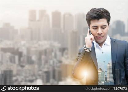 Double exposure image of businessman using mobile phone with modern business buildings and cityscape in the background. Digital innovation and technology disruption concept.. Double exposure businessman using mobile phone.
