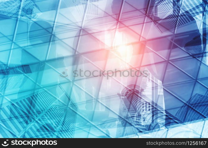 Double exposure image of faded business abstract background with office building and people conference group meeting showing partnership success of business deal.