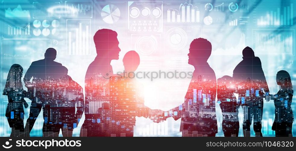 Double exposure image of many business people conference group meeting on city office building in background showing partnership success of business deal. Concept of teamwork, trust and agreement.