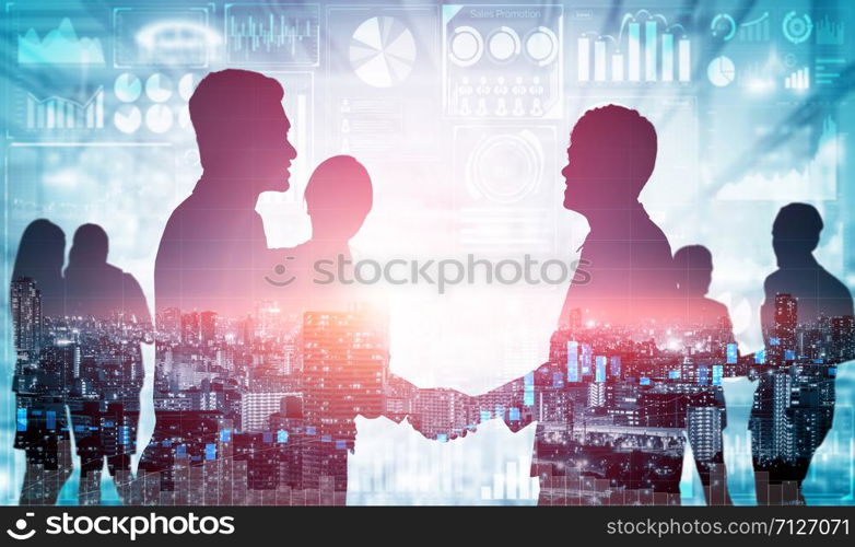 Double exposure image of many business people conference group meeting on city office building in background showing partnership success of business deal. Concept of teamwork, trust and agreement.