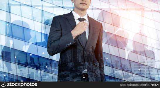 Double Exposure Image of Success Business People on abstract modern city background. Future business and communication technology concept. Surreal futuristic multiple exposure graphic interface.