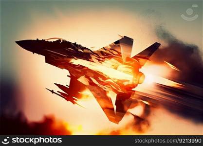 double-exposure of a jet taking off, with the sun shining brightly, created with generative ai. double-exposure of a jet taking off, with the sun shining brightly
