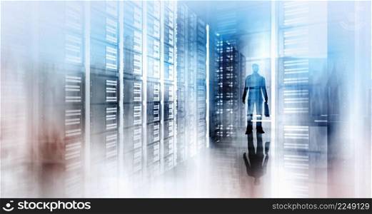 Double exposure of abstract image with technology server background