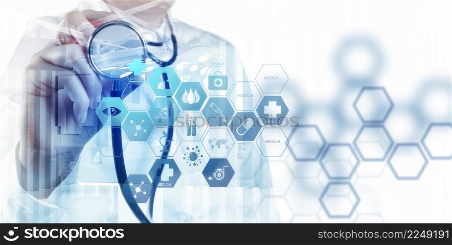 Double exposure of abstract smart medical doctor working with operating room as concept