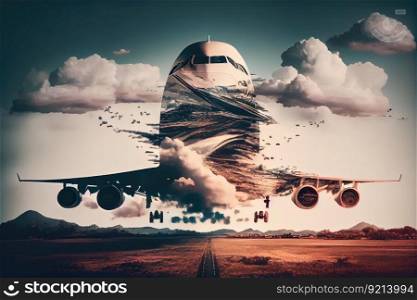 double exposure of airplane landing on runway with clouds and sky in the background, created with generative ai. double exposure of airplane landing on runway with clouds and sky in the background