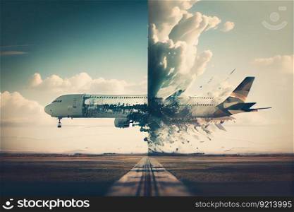 double exposure of airplane landing on runway with clouds and sky in the background, created with generative ai. double exposure of airplane landing on runway with clouds and sky in the background