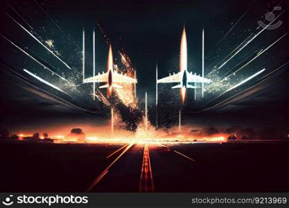 double exposure of airplanes landing at night, with flares and fires, created with generative ai. double exposure of airplanes landing at night, with flares and fires