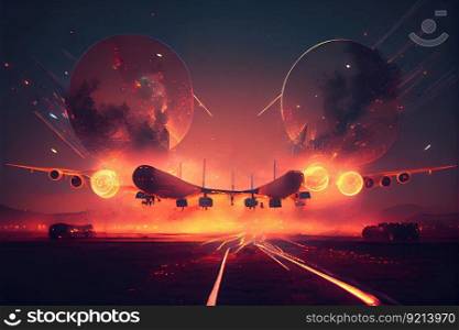 double exposure of airplanes landing at night, with flares and fires, created with generative ai. double exposure of airplanes landing at night, with flares and fires