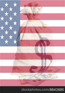 Double exposure of American flag and Money bag with dollar symbol.. Double exposure of American flag and Money bag with dollar symbol