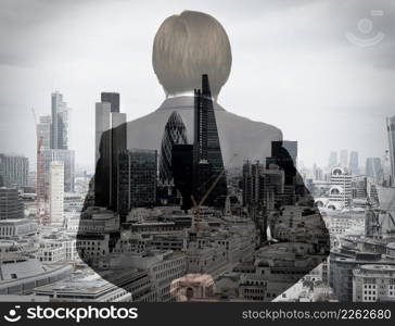 double exposure of back view of success businessman looking at london building as concept