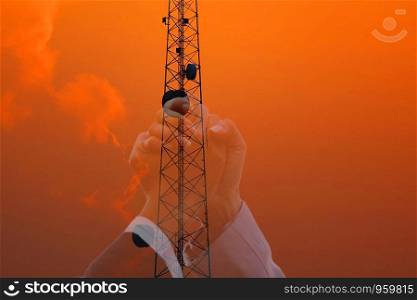 double exposure of beautiful sky after sun set with telecommunication pole and woman hand in hand join in telacommunication business ,concept joint venture.