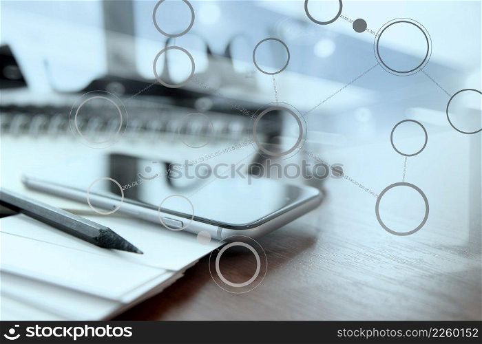 double exposure of business documents on office table with smart phone and digital tablet as workspace business