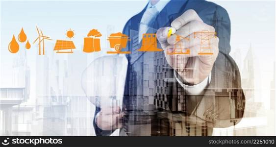Double exposure of business engineer draw icon of indistry and abstract city as concept
