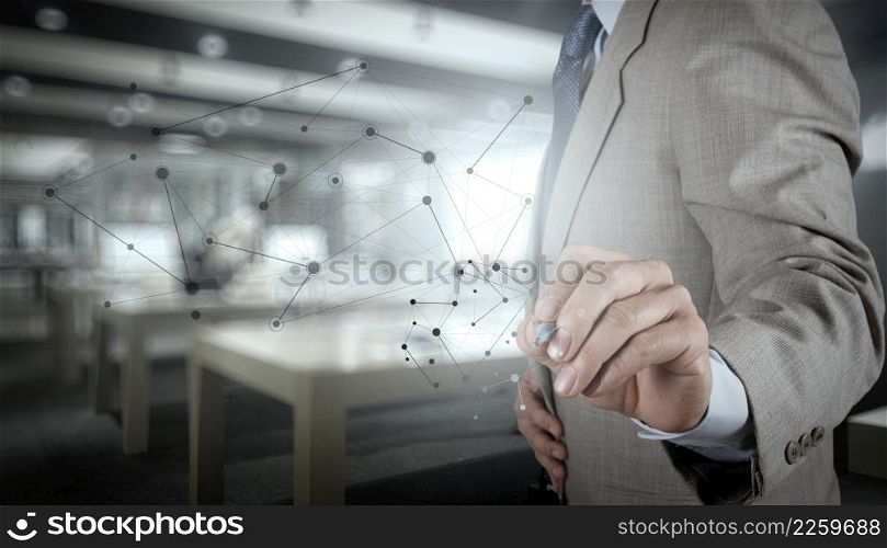 Double exposure of business hand working with new modern computer show social network structure and bokeh exposure