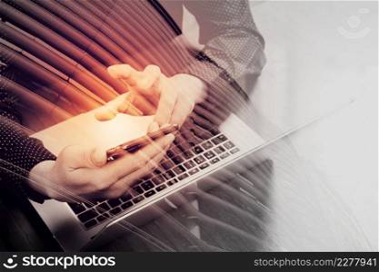 double exposure of business man hand using smart phone,laptop, online banking payment communication network technology 4.0,internet wireless application development sync app,London architecture city