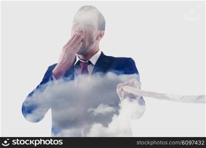double exposure of Business man pulling and bond tied with rope concept isolated on white background in studio