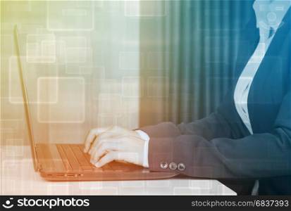 double exposure of business woman hands with laptop typing
