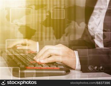 double exposure of business woman hands working on computer keyboard