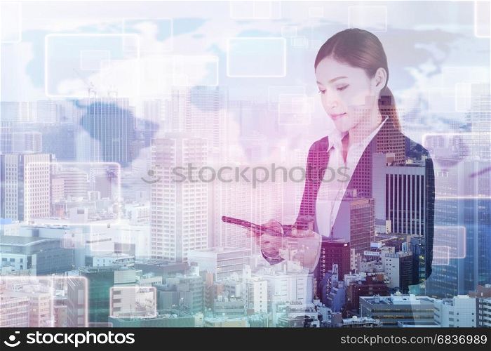 double exposure of business woman using smart phone with Tokyo city background