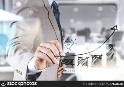 double exposure of businessman hand draws business success chart concept on virtual screen