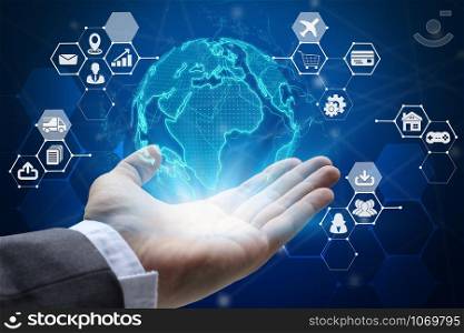 Double exposure of Businessman hand holding interface of Fintech with cityscape and stock market or financial graph for financial investment concept.