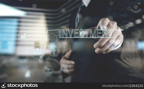 double exposure of businessman hand pointing to investment as concept