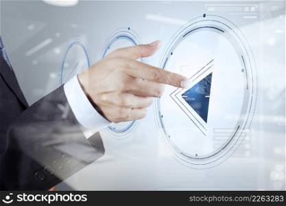double exposure of businessman hand press play button sign to start or initiate projects as concept