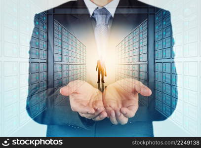 Double exposure of businessman hand showing leader on server background as concept