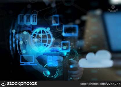 double exposure of Businessman hand shows cloud network and new technology