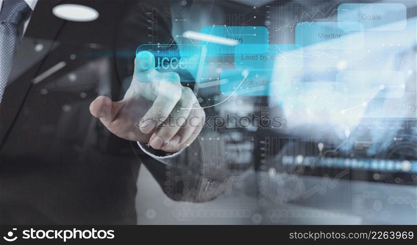 double exposure of businessman hand shows diagram of business success chart concept
