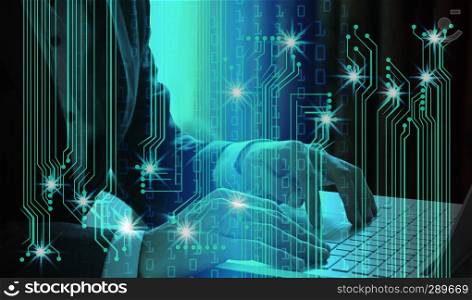 Double exposure of Businessman hand use laptop with interface of digital network connection. 