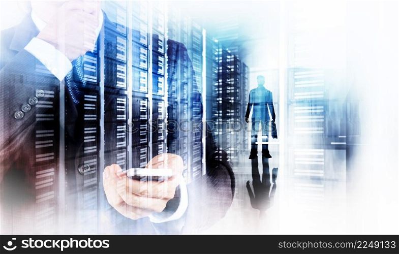 Double exposure of businessman hand use smart phone computer with email icon as concept