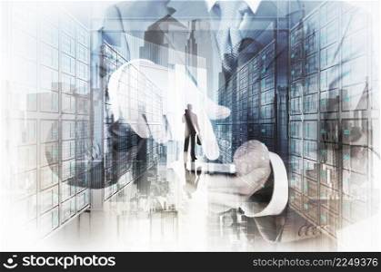 Double exposure of businessman hand use smart phone computer with people icon as concept